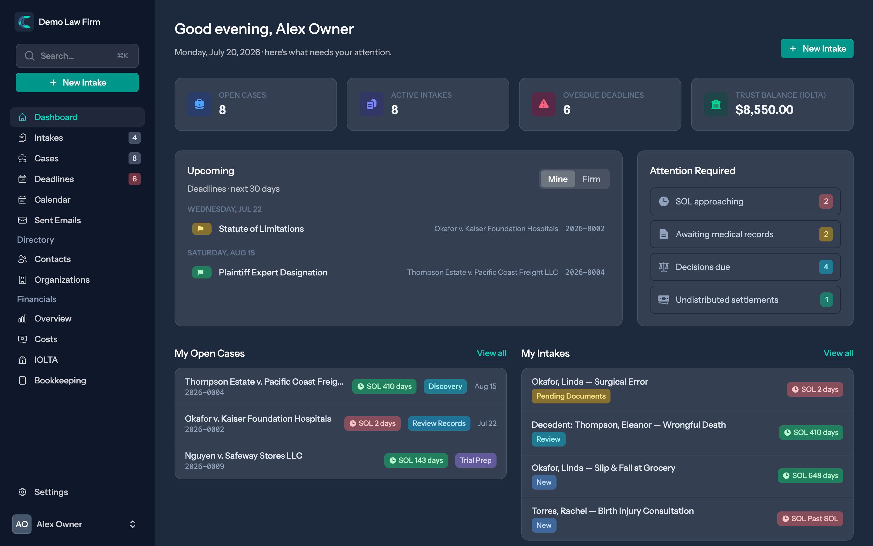 CaseLumen dashboard: open cases, active intakes, overdue deadlines, IOLTA trust balance, and upcoming deadlines