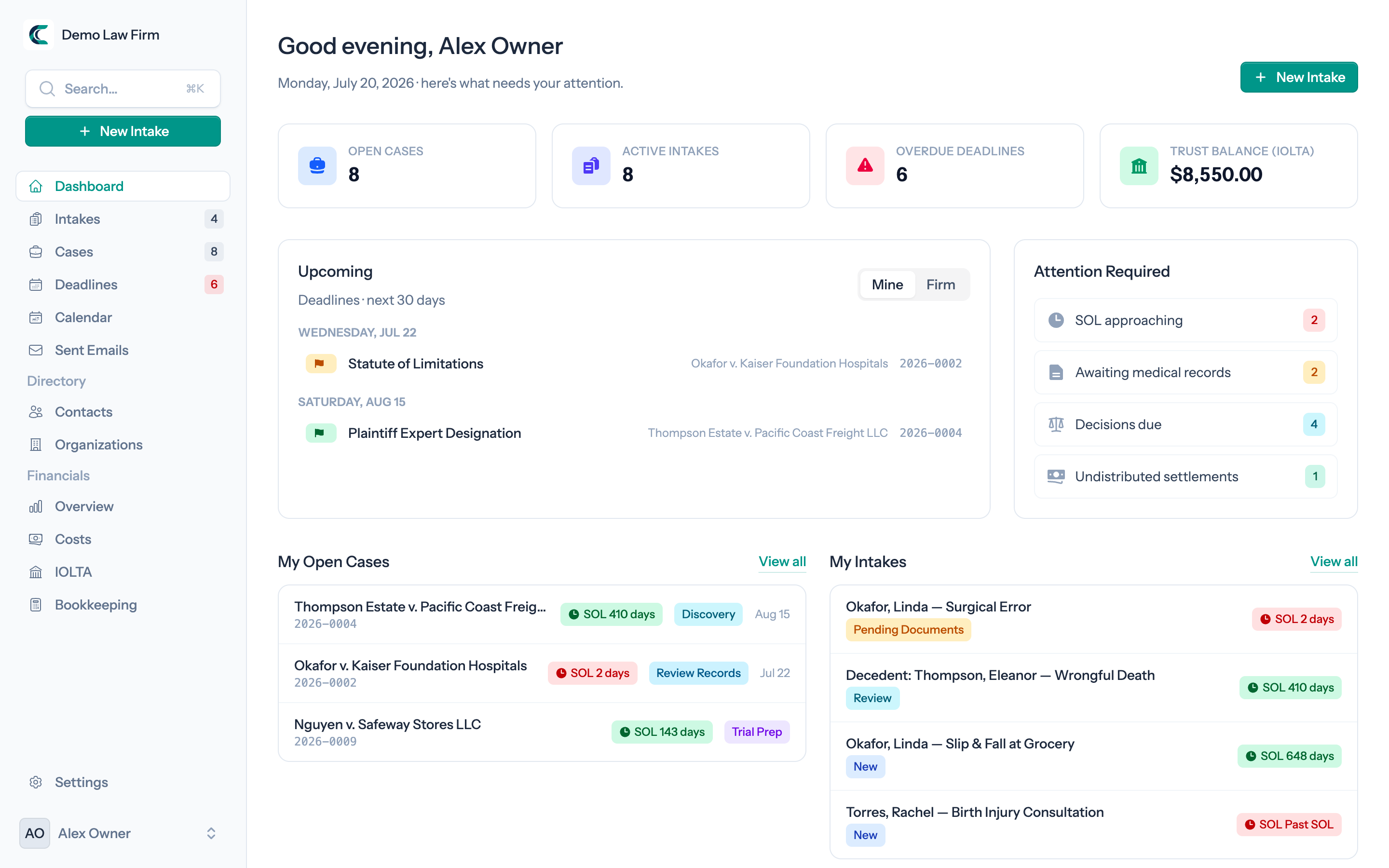 CaseLumen dashboard: open cases, active intakes, overdue deadlines, IOLTA trust balance, and upcoming deadlines