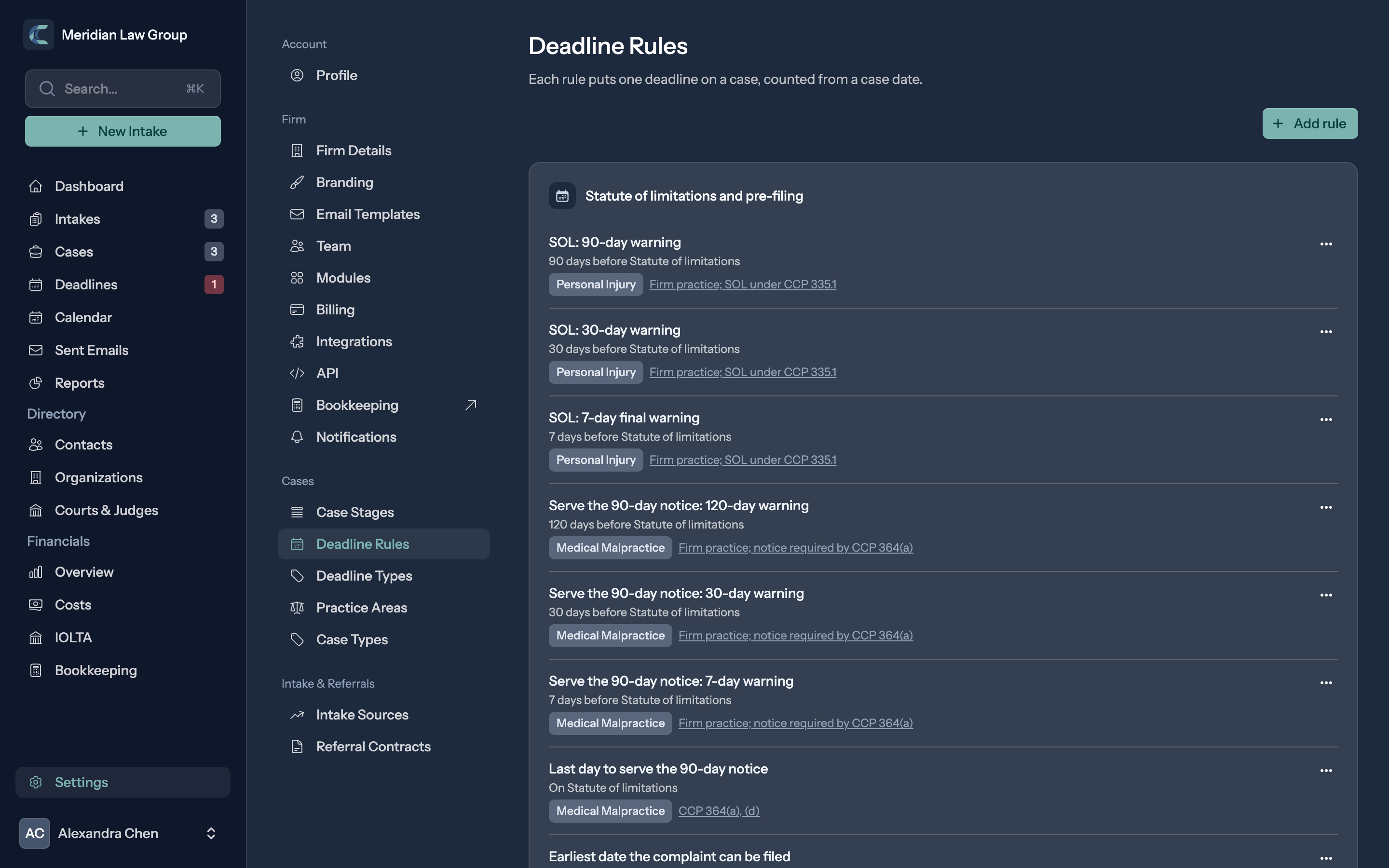 Deadline rules: each rule names its source and counts one deadline from a case date in court days