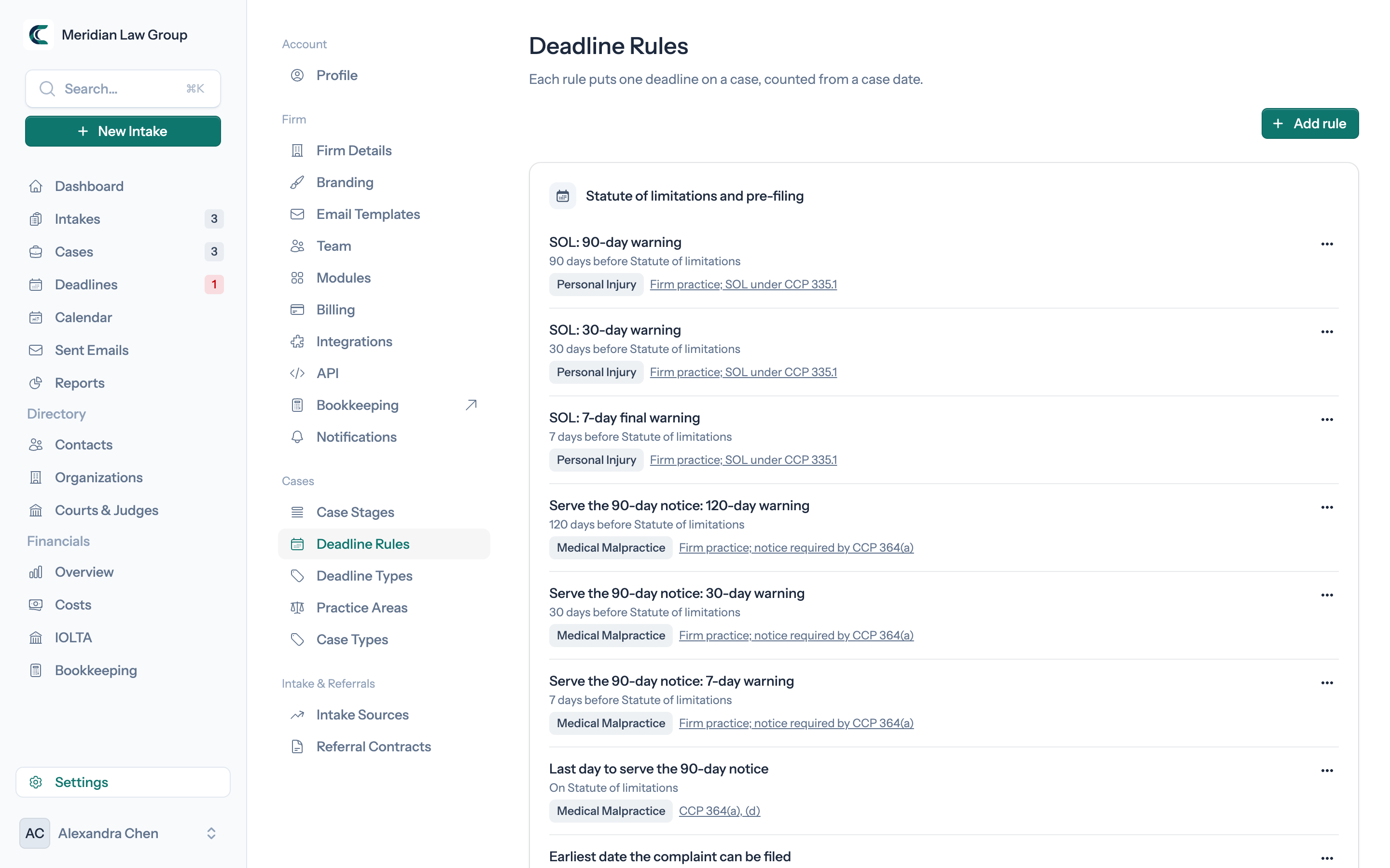 Deadline rules: each rule names its source and counts one deadline from a case date in court days