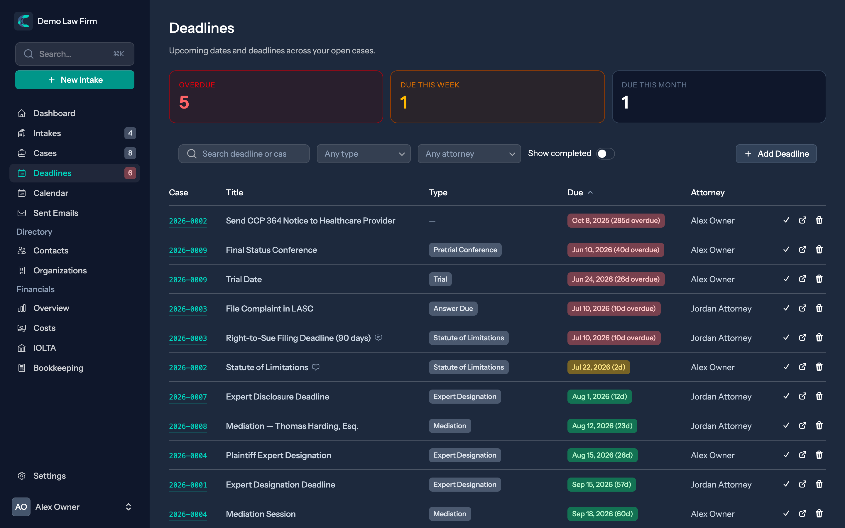 Deadlines and statute-of-limitations tracking, color-coded by urgency
