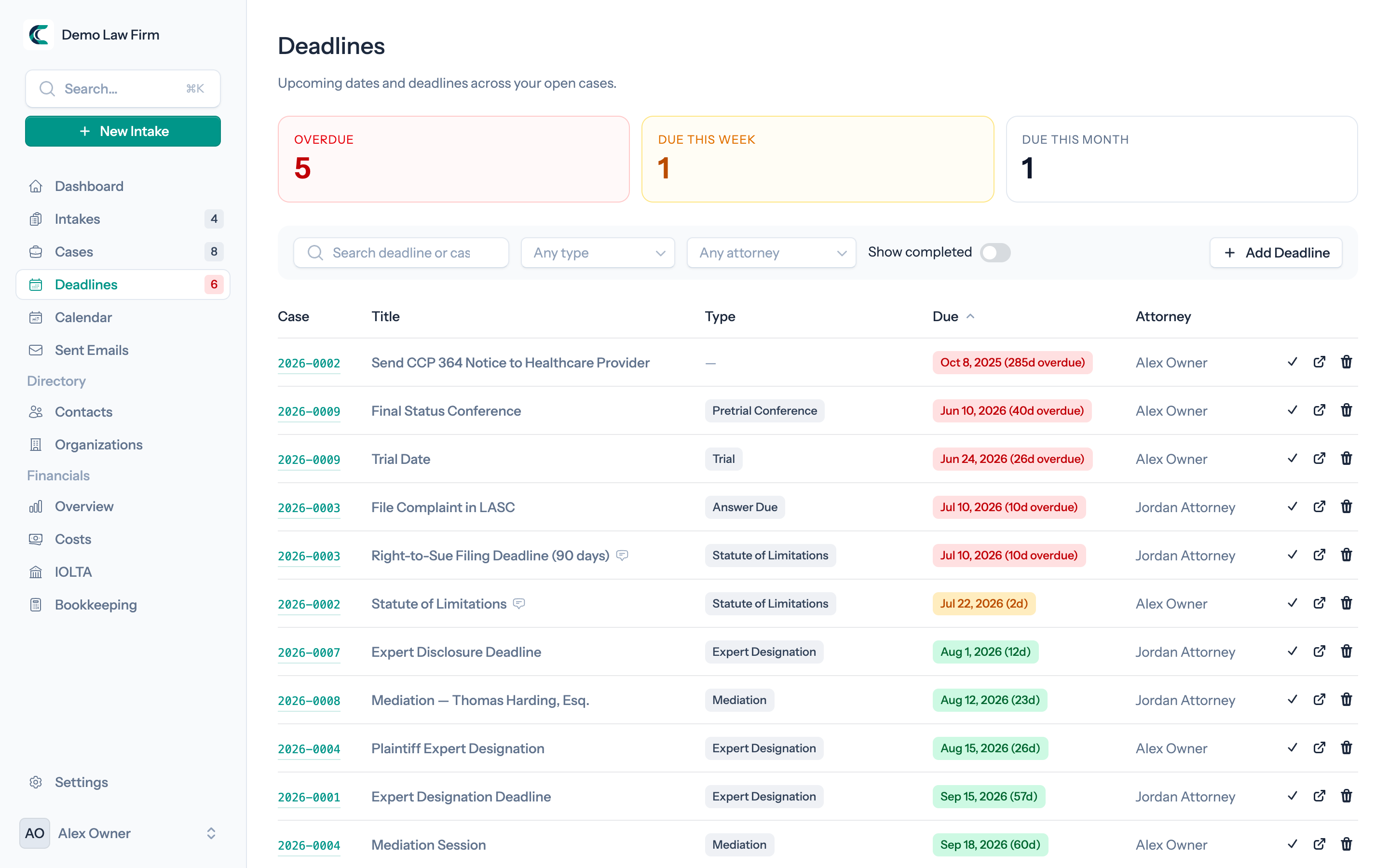 Deadlines and statute-of-limitations tracking, color-coded by urgency