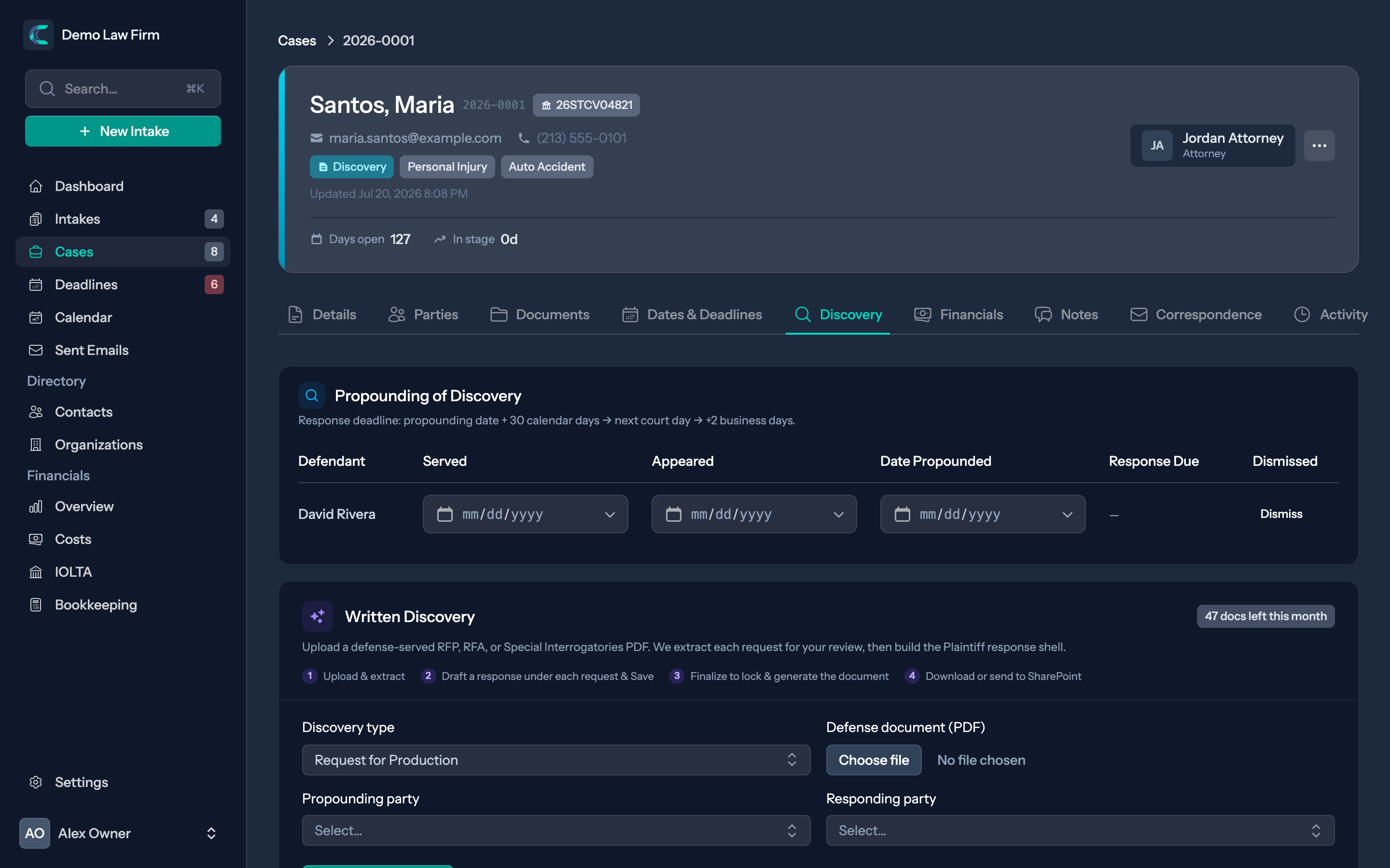 AI Written Discovery panel: extract each request from a defense PDF, then draft the Plaintiff response shell