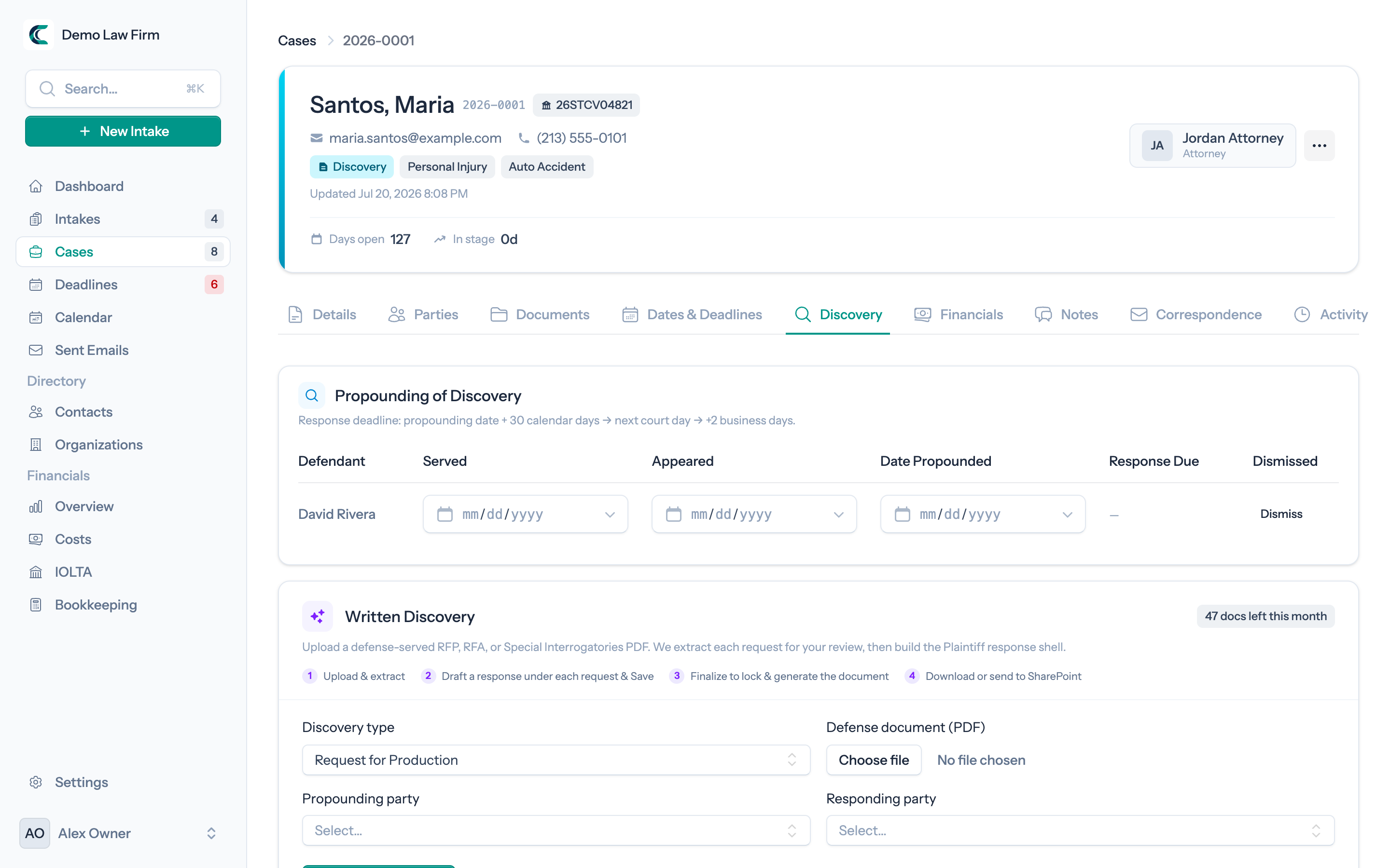 AI Written Discovery panel: extract each request from a defense PDF, then draft the Plaintiff response shell