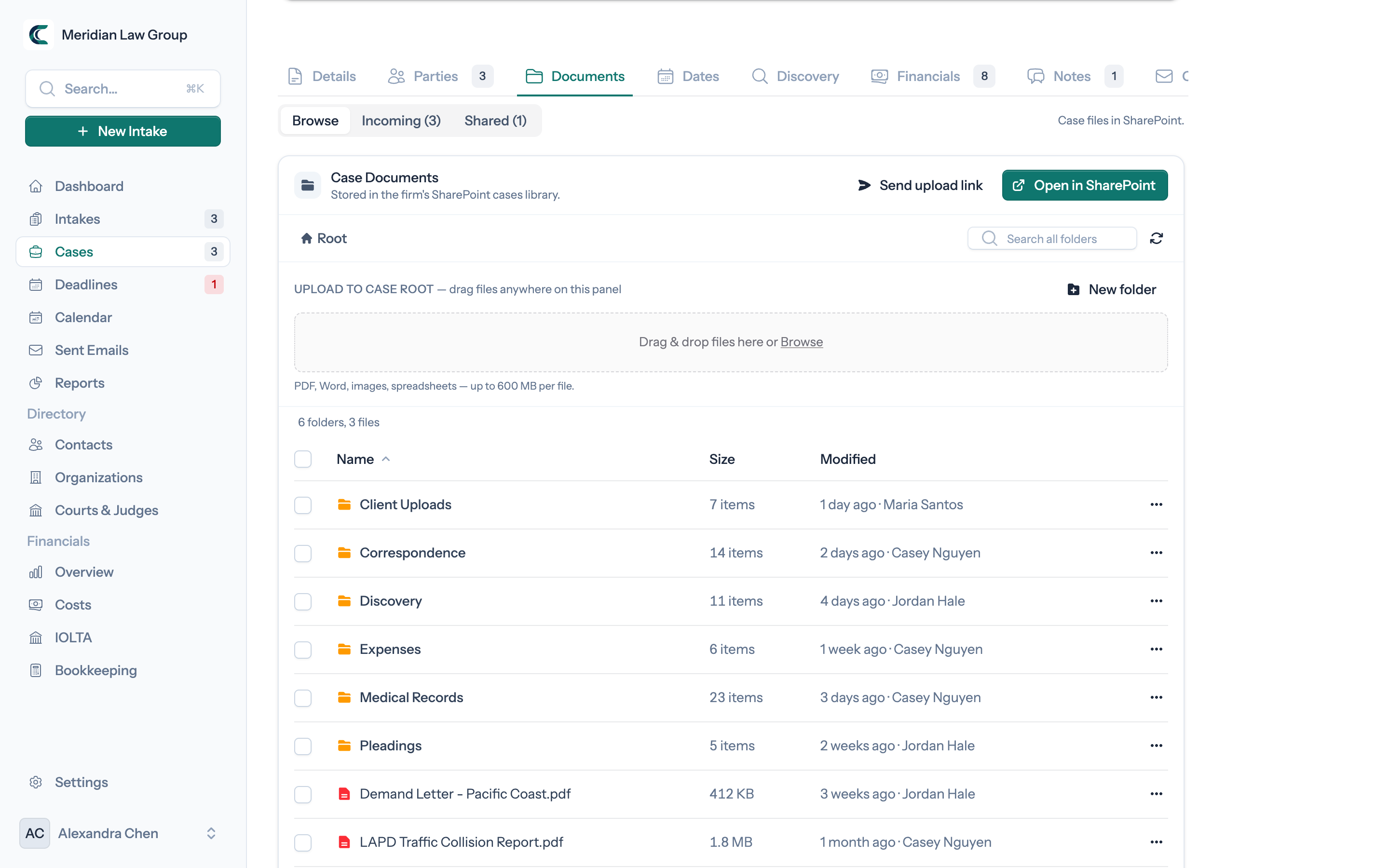 A case's Documents tab browsing its SharePoint folder: pleadings, discovery, medical records, and client uploads
