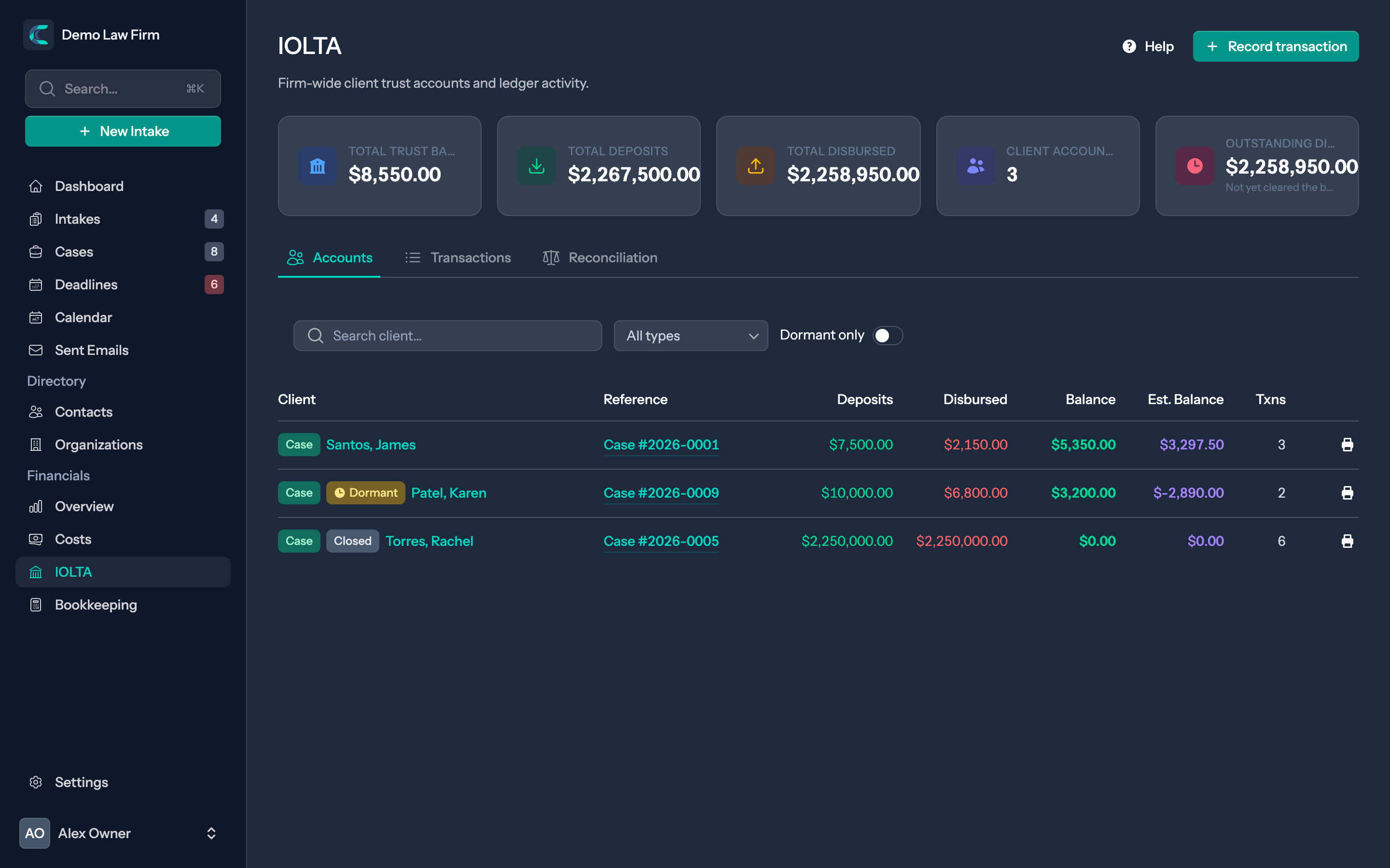 IOLTA trust ledger with per-client balances and firm-wide trust totals