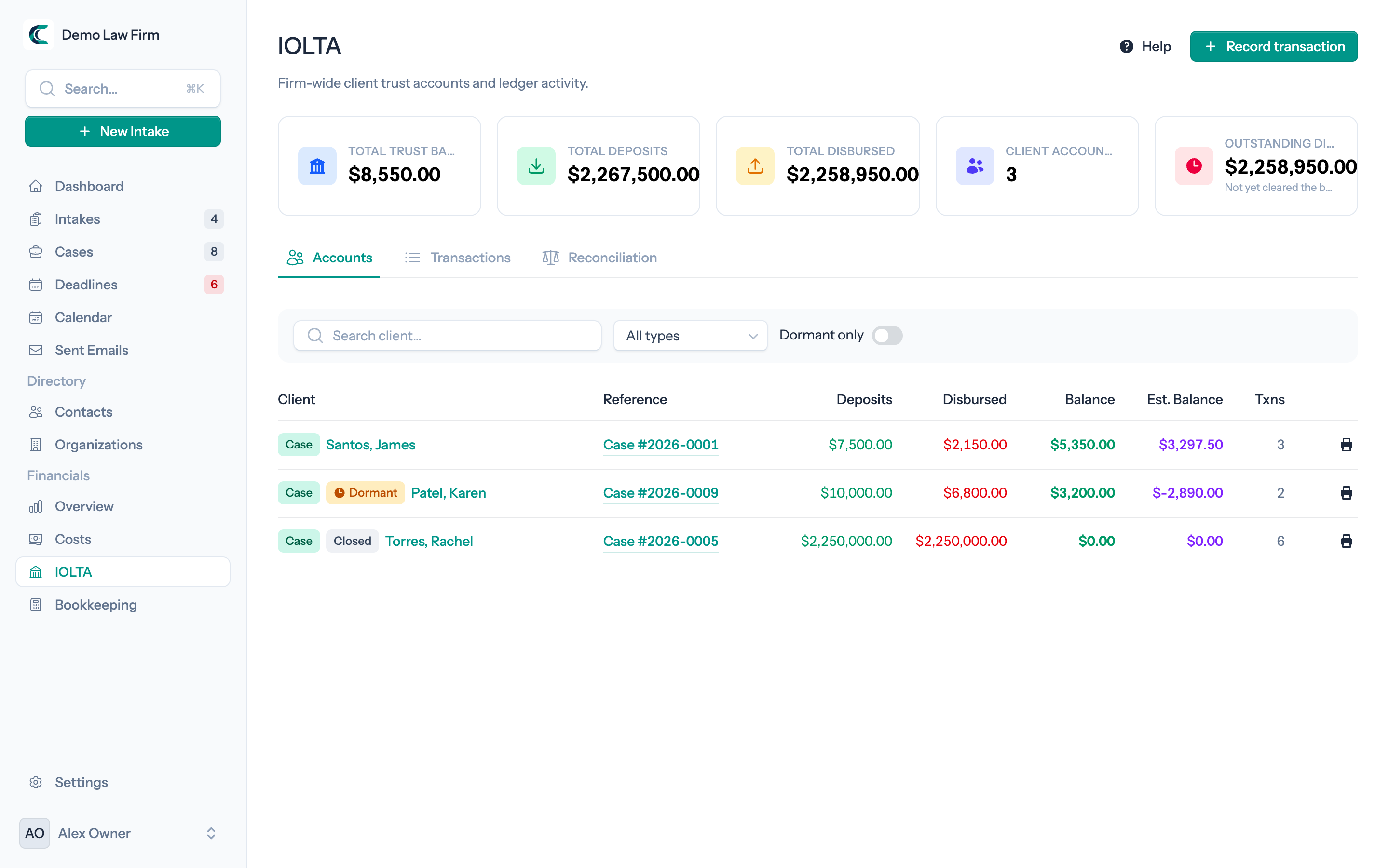 IOLTA trust ledger with per-client balances and firm-wide trust totals